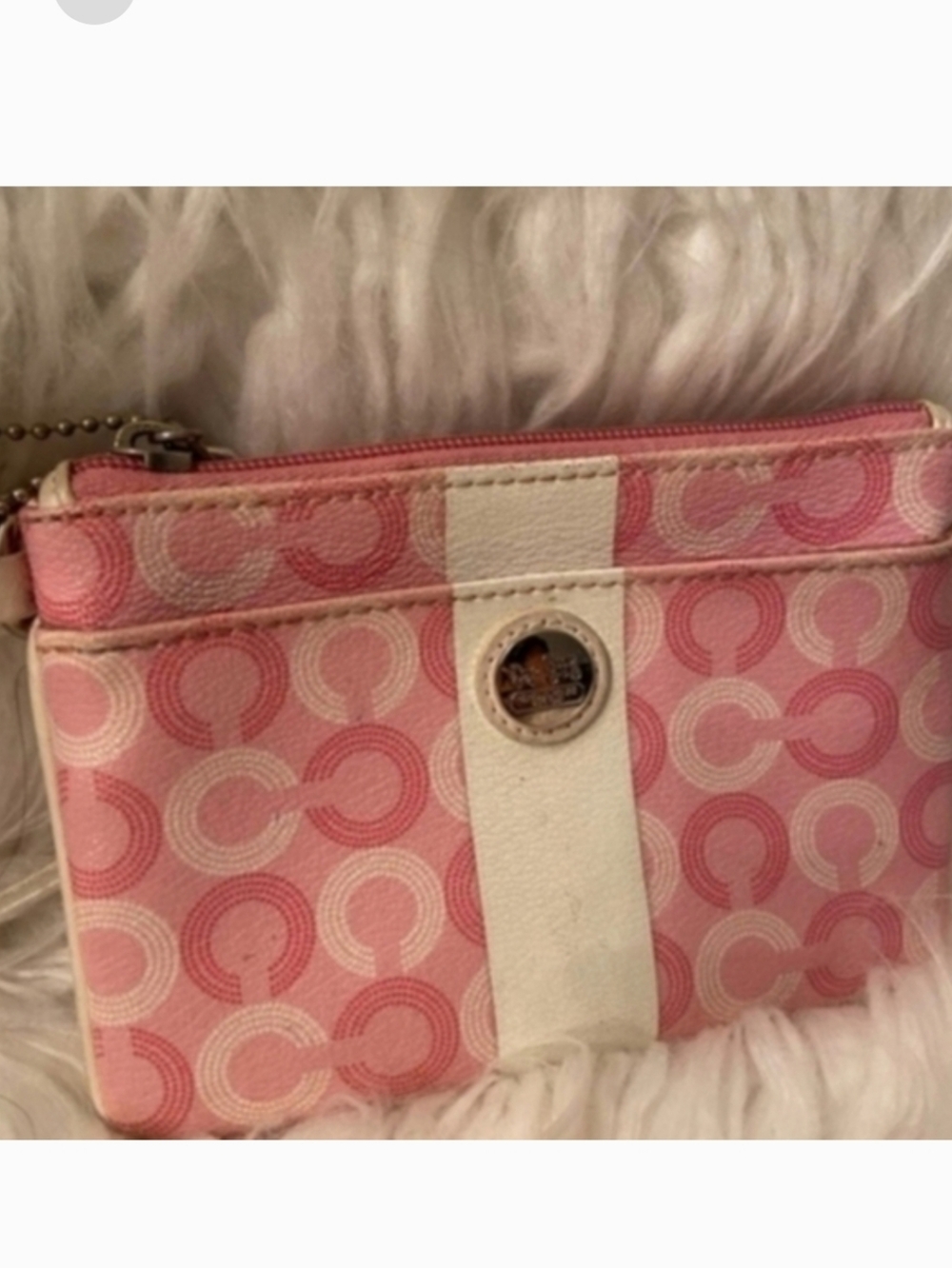 Coach Pink And Cream Circle C Signature Stripe Mini Handbag Wristlet - Picture 4 of 5